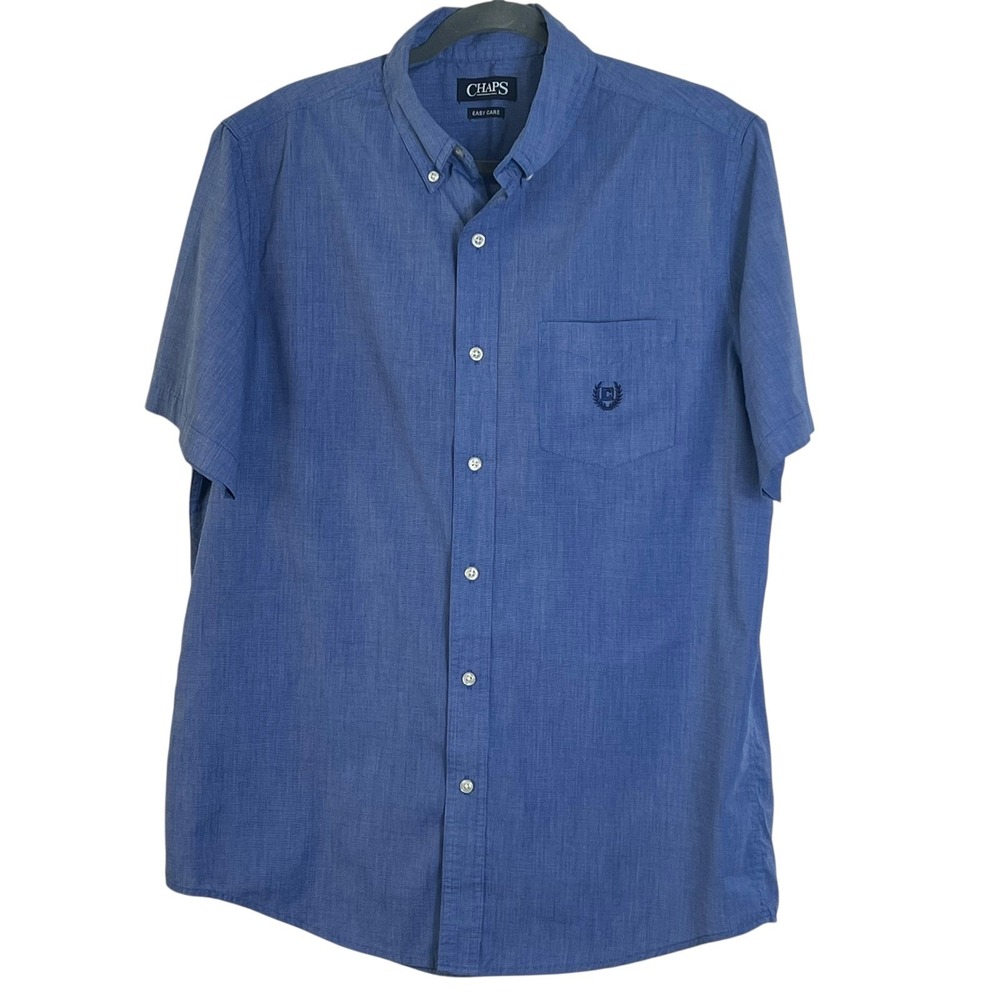 Chaps Men's Button-Down Short‎ Sleeve Shirt Easy Care Blue Size Medium